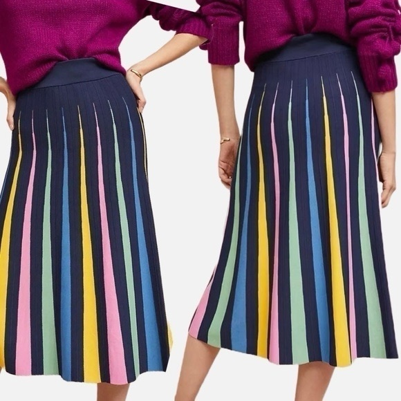 Anthropologie Maeve rainbow pleated contrast skirt aline full circle - Picture 2 of 11